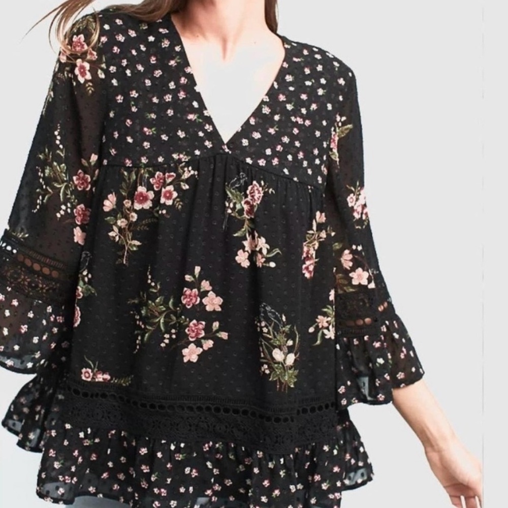Maeve Steffy Anthropologie Ditsy Floral Babydoll Top Sheer Whimsigoth Swiss Dot